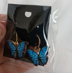 Dainty Tiny Blue Black‎ Butterfly Animal Print Snapback Gold Earrings-(#102)